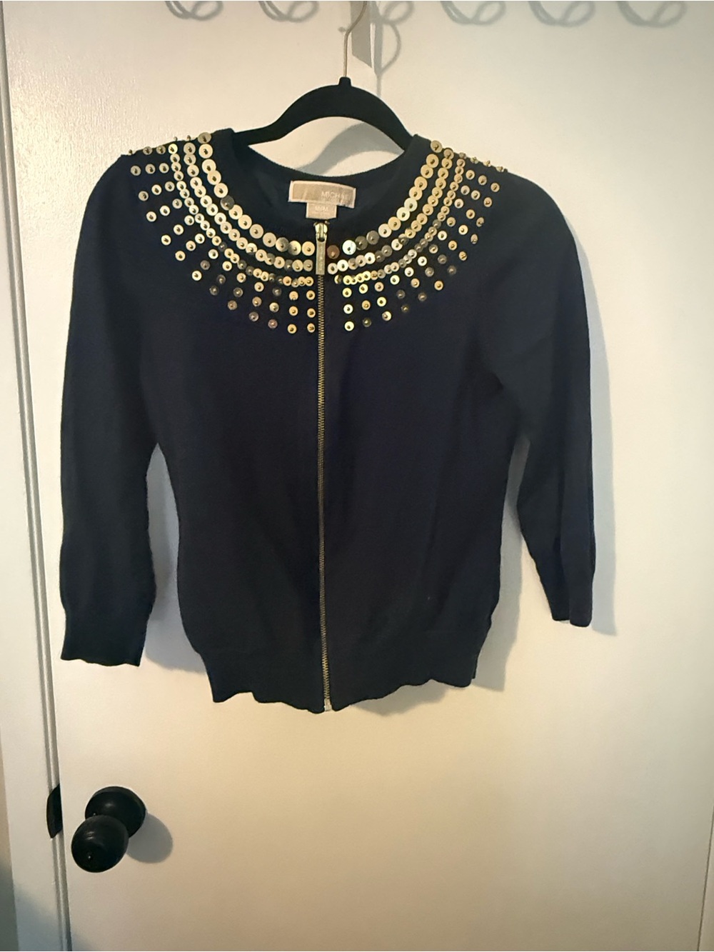MICHAEL Michael Kors Navy Knit Zip Jacket with Gold Stud Trim
